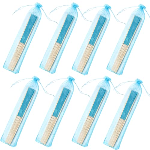 24pcs Imitated Silk Hand Fan Imitated Silk Fabric Bamboo Handheld Folded Fan Bridal Dancing Props Church Wedding Party Favors with Organza Bags (Aqua Blue) - color: Aqua Blue
