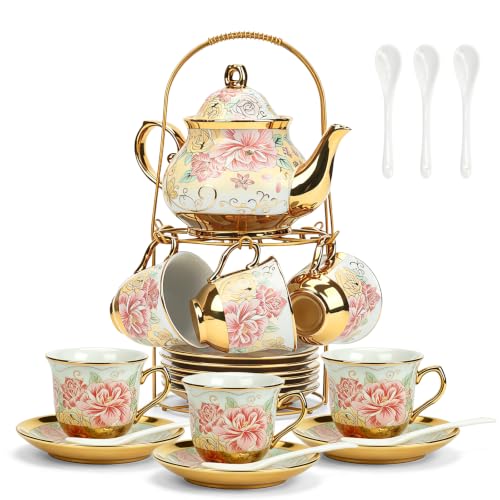20Pcs Porcelain Tea Set with Metal Stand,European Vintage Tea Set for Adult - color: Light Gold