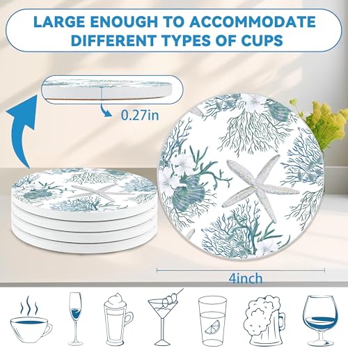 Seashell Coasters Set of 4, Starfish Beach Theme Round 4" Cup Coasters with Cork Base, Absorbent Ceramic Stone Coaster for Table Home Décor, Ideal Gifts for Women Men - color: Seashell Starfish