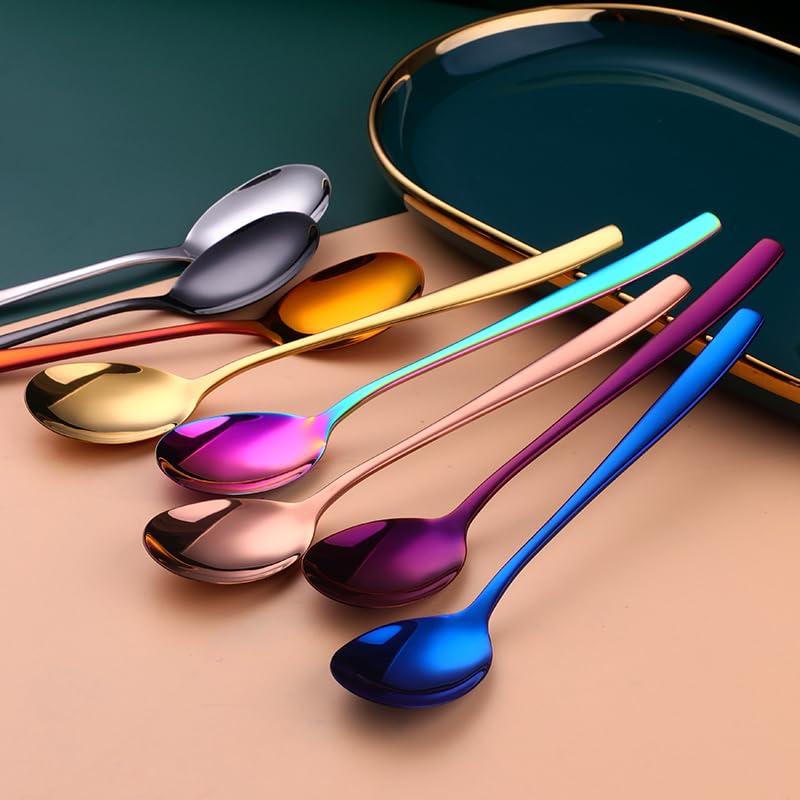 Metal Round Spoons, 8 inch Stainless Steel Reusable Long Handle Korean Soup Spoons, Table Dinner Desert Spoon Set of 8 - size: mix colors