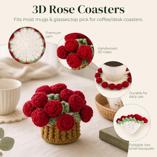 Crochet Flowers Coasters with Basket,Handmade Rose Bouquet Blanket Kawaii Decor Coaster for Desk,Coffee Table,Home Decor,Wedding Gift,Housewarming,Birthda(2Pcs) (Red) - color: Red