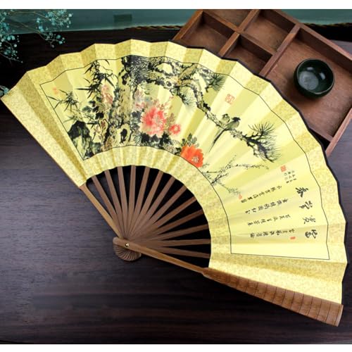 Fox Baby Folding Hand Fan,13 inch Bamboo Fabric Large Hand Fans with Chinese Traditional Painting for Decorations,Performance (Grape & Pine) - color: Grape & Pine