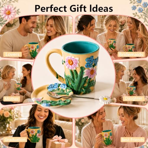Ceramic Coffee Mug, 19 oz Large Floral Mug with Lid, Novelty Hand-Painted Mugs with Handle & Spoon, Dishwasher & Microwave Safe Cups for Coffee, Tea, Cocoa, Birthday Housewarming Wedding Gift - Beige - color: Beige