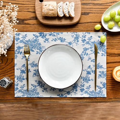 Pastoral 100% Polyester Fabric Placemats for Dining Table Set of 6 - color: A - Floral (Dark Blue), size: 13" x 19" (Rectangular)