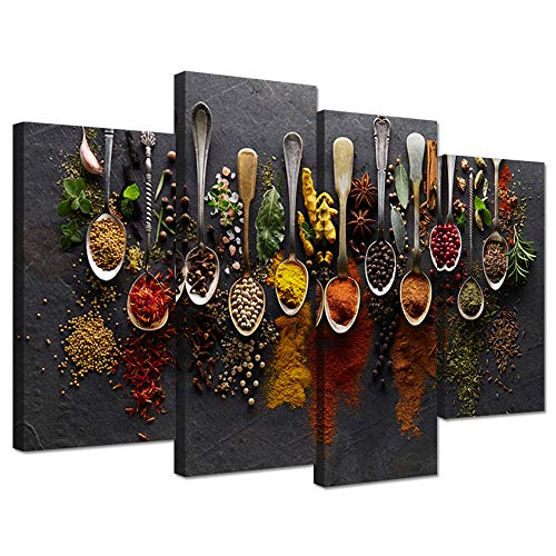 iHAPPYWALL Kitchen Pictures Wall Decor 4 Pieces Couful Spice in Spoon Vintage Canvas Wall Art Food Photos Painting On Canvas Stretched Framed Home Decoration Gift Ready to Hang
