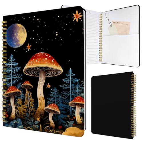 Cute Spiral Notebook Lined Journal B5 Note Book with Pocket, Night - color: Moon Mushroom