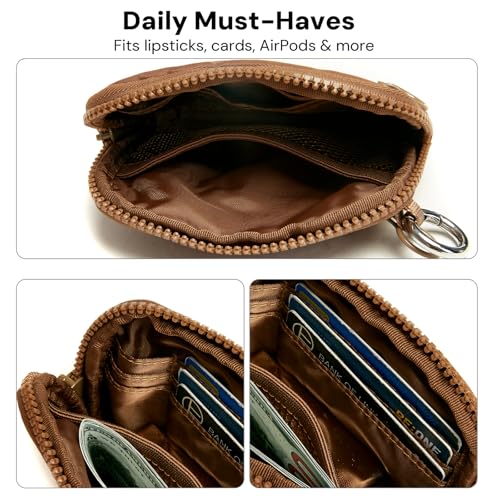 Keychain Wallet for Women with Clear ID Window, Coin Pouch and Wrist Strap - color: Light Brown