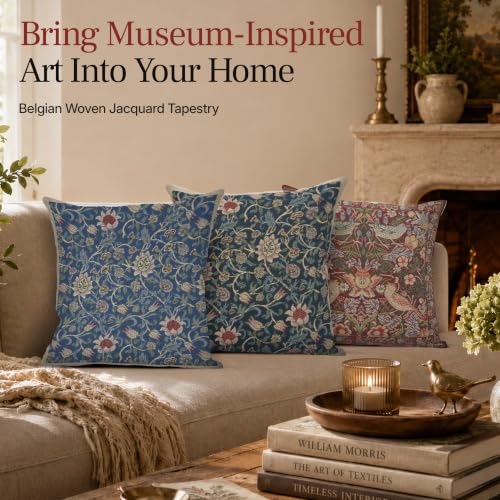 William Morris Fleur de Morris Black Tapestry Throw Pillow Cover 16 x 16 in - color: Red,cream,red