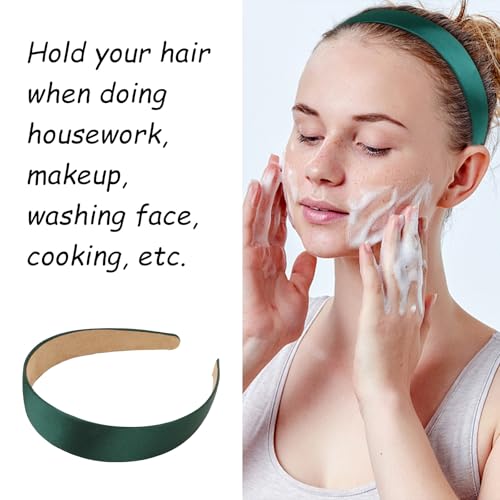Wecoe 10 Pack Dark Green Headbands 1 Inch Wide Satin Headbands Women Non Slip Fashion Plain Head Bands Solid Hair Bands DIY St. Patrick's Day Hair Accessories for Women Girls Diademas Para Mujer - color: Dark Green
