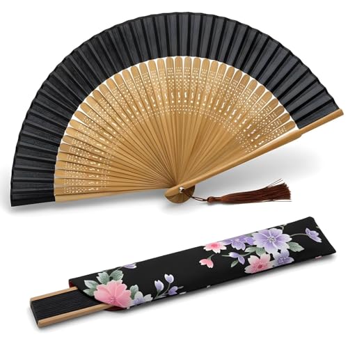 Lysa Hand Fan for Women Foldable - Portable Folding Japanese Chinese Fan - for Hot Flashes, Summer Cooling, Festivals, Church, Dancing (Bamboo Black) - color: Bamboo Black