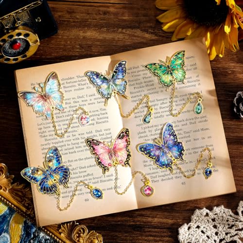 6 Pieces Metal Butterfly Bookmarks with Chain, Golden Hollow Bookmark Monet Oil Painting Theme Book Mark Bookmarks for Book Lovers Women Writers Readers Children Teens - color: Butterfly 2