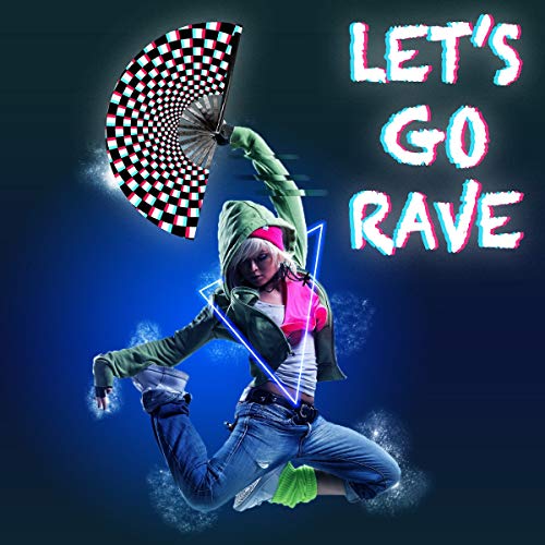OMyTea Large Rave Clack Folding Hand Fan for Men/Women - Chinese Japanese Bamboo Handheld Fan - for EDM, Music Festival, Club, Event, Party, Dance, Performance, Decoration, Gift (Illusion Checkered) - color: Illusion Checkered