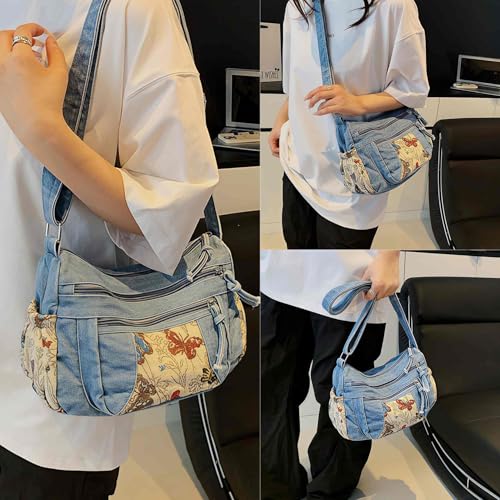 Black Denim Purse Crossbody Bags, Boho Hobo Crossbody Bags for Women, Casual Hippie Travel Purse with Lots of Pockets - color: Light Blue