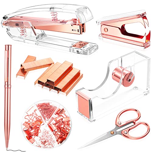 Office Supplies Set Desk Accessory Kit, Acrylic Stapler Set Staple Remover, Tape Dispenser, Binder Clips, Paper Clips, Ballpoint Pen and Scissor with 1000 Pieces 26/6 Staples (Rose Gold) - color: Rose Gold