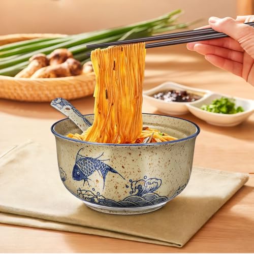 CALLARON 26 oz Ceramic Ramen Bowl Set of 2 with Lids, Spoons and Chopsticks