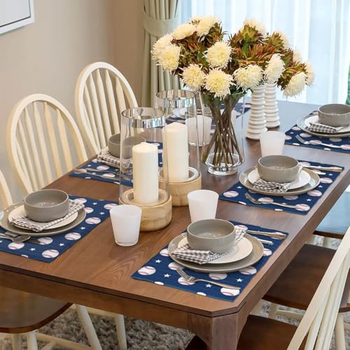 Baseball Theme Placemats Rectangle Linen Table Placemet Set of 6 - color: Blue White, size: Set of 6