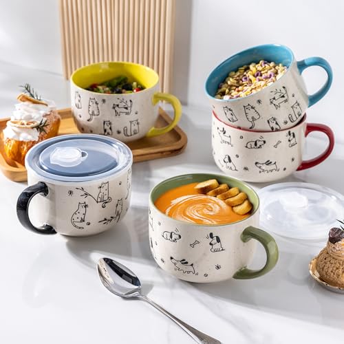 AmorArc 24 Ounces Ceramic Soup Mugs with Lids and Handle, Stoneware Bowls Cup Set of 2 for Soup, Stew, Noodle, Beautiful Mug Bowls With Lovely Dog,Cat Patterns, Microwave&Dishwasher Safe, Black - color: Black, size: 24oz