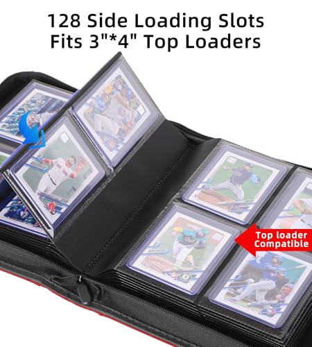 Top Loader Binder, Holds 128 Cards, 4 Pocket Zipper Binder for 3" x 4" Top Loader, Ringless Side-Loading Pages, Collectible Sports & Hard Sleeve Card Album (Red) - color: Red