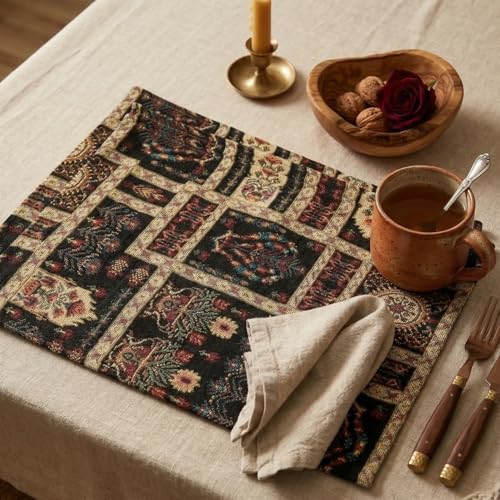 DaDa Bedding Turkish Batik Mughal Floral Tapestry Set of 4 Placemats - Woven Cotton Linen Kitchen Dining Table Mats - Multi-Colorful Black Vintage Indian Garden Ornament Dark Botanical - 13” x 19” - color: Dark Botanical