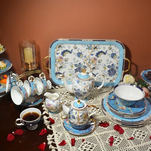 ACMLIFE Tea for One Teapot and Cup, Vintage Floral Porcelain Tea Set for One, Bone China Teapot with Cup Set, Tea Pot Gift for Women (Blue-A) - color: Blue-A