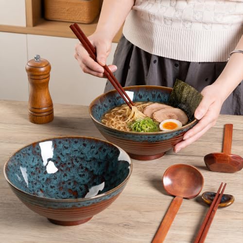 40oz Japanese Ceramic Ramen Bowl Set of 2 with Chopsticks and Spoons for Pho Udon Asian Soup Noodles (Peacock Tail) - color: Peacock Tail