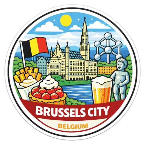 Cartoon Style Belgium Brussels City Sticker - Waterproof Outdoor Vinyl Decal, 5 Inch - color: Cartoon Style Belgium Brussels City, size: 5'' longer side