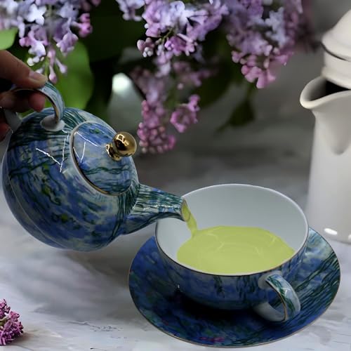 Porcelain 13 OZ Tea for One Teapot and Cup Set Vintage Floral Ceramic Tea Set European Style Tea pot and Saucer Set (Water Lily) - color: Water Lily
