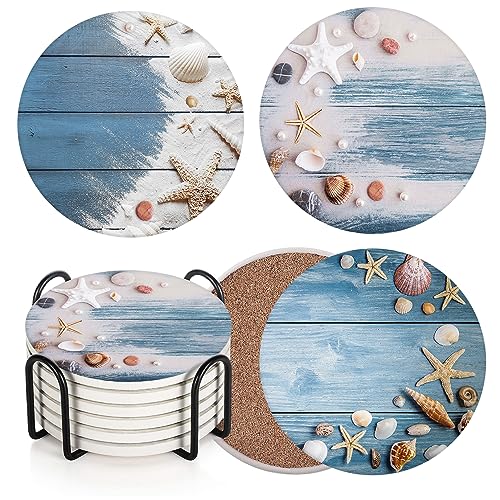 Coasters for Drinks, Set of 6, Ceramic Stone Summer Beach - color: Shell Wooden