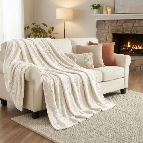 SUPERIOR Fleece Boho Jacquard Blanket, Decorative Blankets for Bedroom, Sofa, Fuzzy, Plush, Fluffy, Soft, Cute Room Decor, Beautiful Cover, Comfort Essentials, Arctic Collection, Throw XL, Ivory - color: Ivory, size: Throw XL