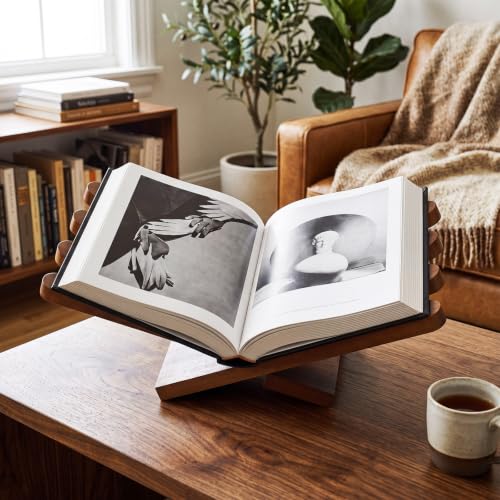 Dunzoom 1 Pcs Foldable Wooden Book Display Stand Open Book Holder, Brown
