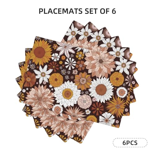 Retro Groovy Flower Power Placemats Set of 6 12x18 Inch - color: Dark Chocolate Brown, size: Set of 6