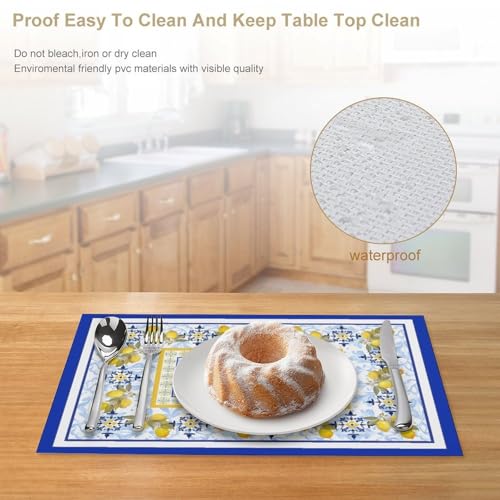 Lemon Placemats Set of 4, 12x18 Inch Yellow and Blue Mediterranean Summer Fruit Italian Tiles Seasonal Heat Resistant Table Mats for Dining Kitchen Birthday Party Holiday Decor - color: Lemon06, size: 4pcs
