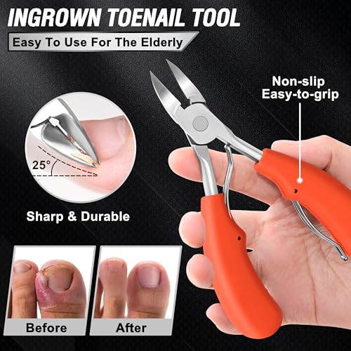 Toenail Clippers for Seniors Thick Toenails, Aucurwen Heavy Duty Toe Nail Clippers Adult Thick Nails Long Handle, Large Toenail Clippers for Thick Nails 7Pcs(Orange) - color: Orange