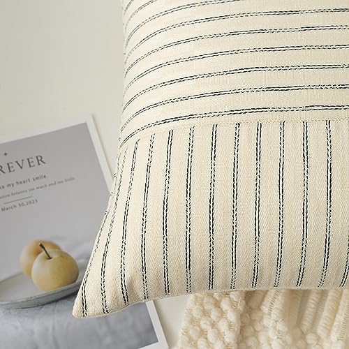 Kevin Textile Farmhouse Pillow Covers 18x18, Modern Accent Square Throw Pillow Covers Set of 2, Beige and Black Striped Patchwork Linen Decorative Pillows Cushion Covers for Couch Bedroom - color: Beige, size: 18" x 18" (Pack of 2)