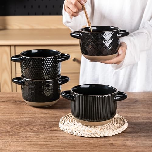 GBhome 22 Ounces Soup Bowls with Large Handles and Lids, Stoneware Bowls Set of 4 with Spoon for Soup, Cereal, Stew, Colourful Ceramic Kitchen Bowls, Microwave&Dishwasher Safe, Black - color: Black