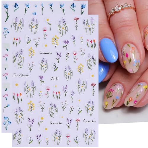 3D Flower Leaf Nail Stickers 12 Sheets Self-Adhesive Floral Decals for Nail Art Summer Wildflowers Blossom Leaves Design Manicure Decorations DIY Plants Sliders Nail Art Accessories for Women - style: Wildflowers