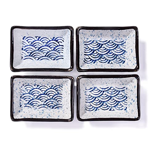 Ceramic Sauce Dish Set of 4, 3.5'' Rectangular Blue Wave Small Bowls