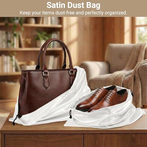 Q&J Fabric Co. 6 Pack Satin Dust Bags for Handbags & Purses - Drawstring Storage Bags for Shoes, Boots, Wallets, Travel Organizer Pouches, Soft Polyester Protector Covers (15.7"x19.7", White) - color: White, size: 15.7"x19.7"
