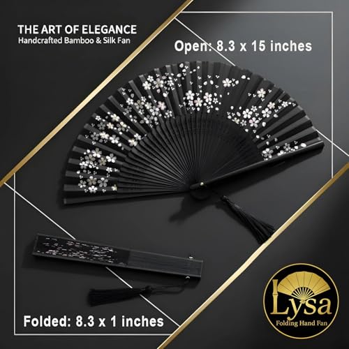 Lysa Hand Fan for Women Foldable - Portable Folding Japanese Chinese Fan - for Hot Flashes, Summer Cooling, Festivals, Church, Dancing (Black Sakura) - color: Black Sakura