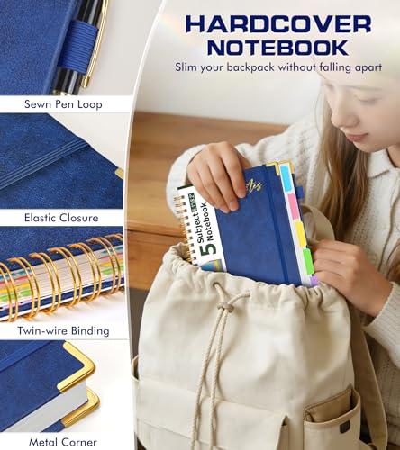 5 Subject Spiral Notebook Journal with Removable Dividers Tabs, 300 Pages Organizer Notebooks for Work School, 8"x10" Hardcover Leather Notebook College Ruled, Large Lined Journal for Women Men,Navy - color: Navy, size: B5