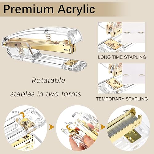 Gold Desk Accessories, Office Desk Organizers and Accessories 360°Pen Holder Acrylic Stapler Set, Phone Holder, Ballpoint Pen, Scissor, Binder Clips, Ruler, Transparent Glue, Sticky Note and Staples. - color: Gold