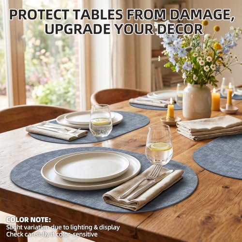Placemats Set of 6, 17.7 x 11.8 Inch Oval Faux Leather Place Mats - color: R-blue