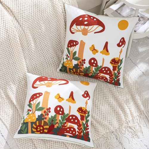 LUOYEHK Mushroom Pillow Covers 18x18 Inch Set of 2 Embroidered Throw Pillow Covers Decorative Pillow Cover Spring Summer Boho Cushion Pillowcase for Couch Sofa Bed Living Room, Mushroom Snail - color: Mushroom Snail