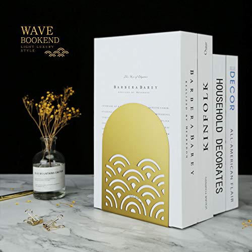 QiMing Ukiyoe Auspicious Clouds Bookends for Books,1 Pair Metal Wavy Pattern Book Holders for Office Shelves Adults Gift(Gold) - color: Gold