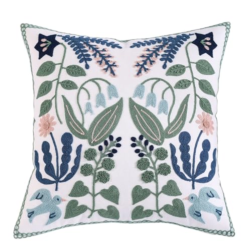 TAOSON Blue Green Floral Embroidered Throw Pillow Covers,20" x20“,Set of 2