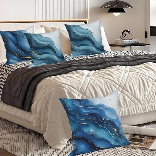 Abstract Marble Throw Pillow Cover Fluid Blue Ocean Wave Gold Sequin Stripe Glitter Luxury Art Modern Aesthetic Linen Square Cushion Covers for Outdoor Couch Bedroom 18x18 Inch Set of 4 - color: Blue Ocean, size: 18" x 18" (Pack of 4)
