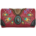 Zelris Turquoise Concho Peacock Feather Women Crossbody Wrist Trifold Wallet - color: Red
