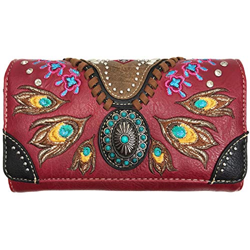 Zelris Turquoise Concho Peacock Feather Women Crossbody Wrist Trifold Wallet - color: Red