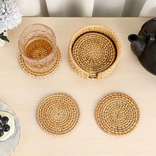 Drink Coasters Set of 6-Handwoven Rattan Coaster with Holder,Natural Rattan - style: Natural Rattan