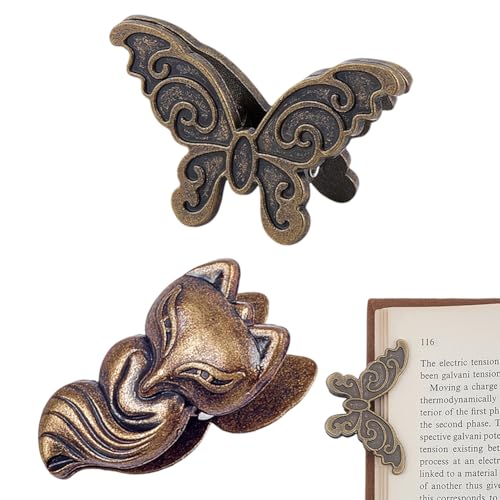 CRASPIRE 2Pcs Traveler Notebook Page Holder Journal Clip Metal Vintage Retro Fox Animal Butterfly Alloy Decorative Binder Holders Accessories for TN Travelers Art Journaling Reading Decoration - style: Fox/Butterfly